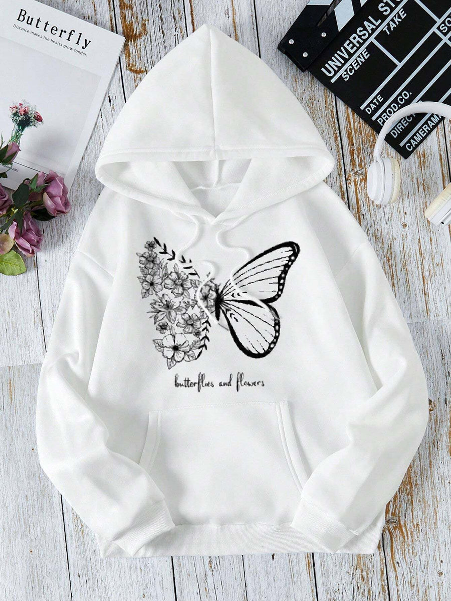 Winter Fleece Fabric Butterfly Printed Hoodie For Women