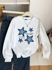 Winter Fleece Fabric Stars Printed  White Sweatshirt For Women