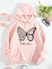 Winter Fleece Fabric Butterfly Printed Hoodie For Women