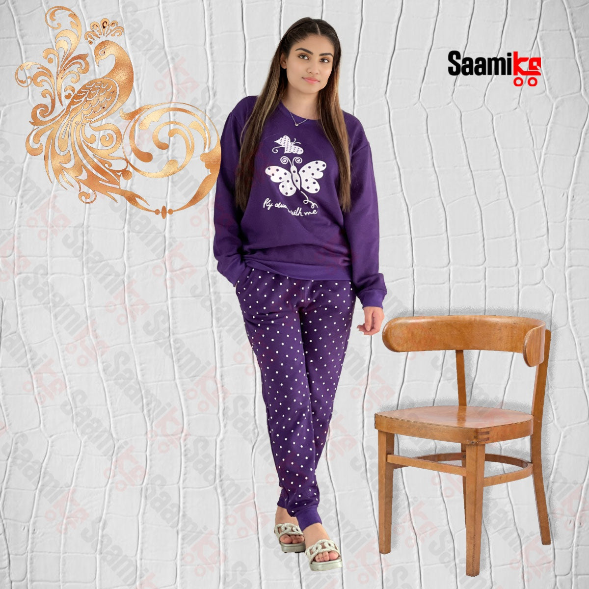 Women Winter Fleece Purple Butterfly Printed Night Suit