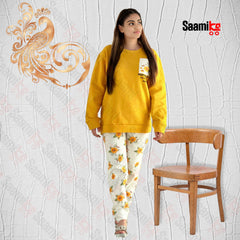 Women Winter Fleece Yellow Pocket Printed Night Suit