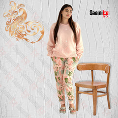 Women Winter Fleece Peach Pajama Printed Night Suit