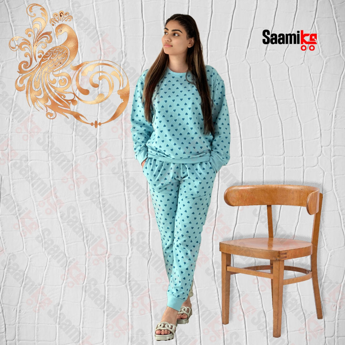 Women Winter Fleece Blue Multi Heart   Printed Night Suit