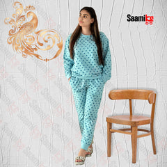 Women Winter Fleece Blue Multi Heart   Printed Night Suit