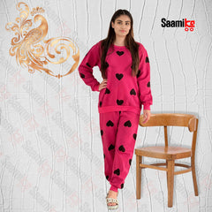 Women Winter Fleece Multi Heart Printed Night Suit