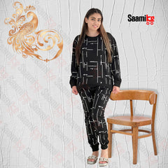 Women Winter Fleece Black Capri Printed Night Suit