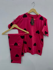 Black Multi Hearts Pink Printed  Night Suit