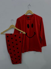 Red Smiley Printed Pajama Night Suit