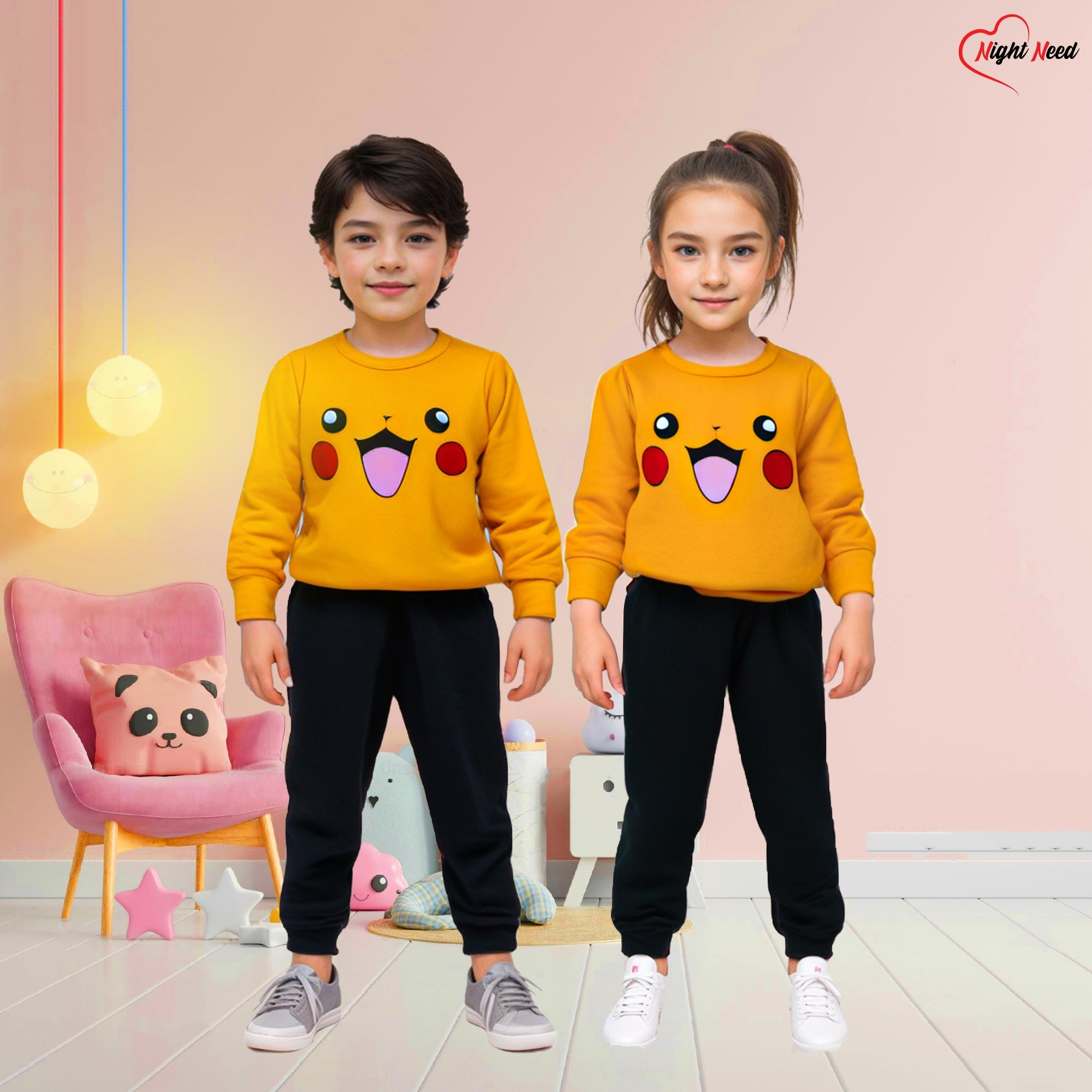 Fleece Fabric Yellow Pikachu Printed Kids Winter Suit ( Each )