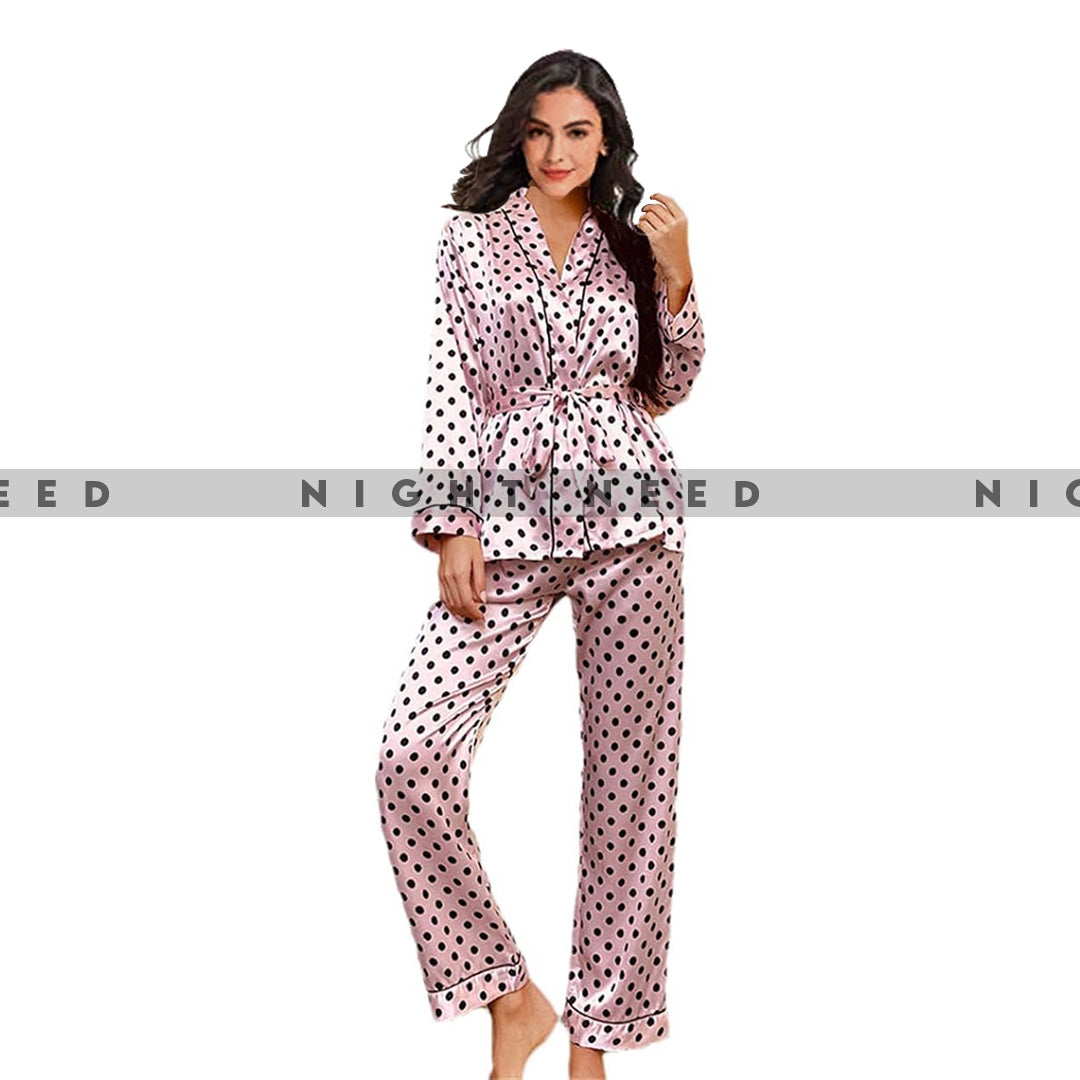 V Neck Silk Pj Set With Belt