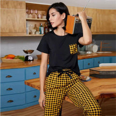 Yellow and Black Check Pokcet Printed  Night Suit