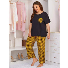 Yellow and Black Check Pokcet Printed  Night Suit