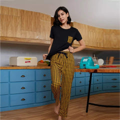 Yellow and Black Check Pokcet Printed  Night Suit