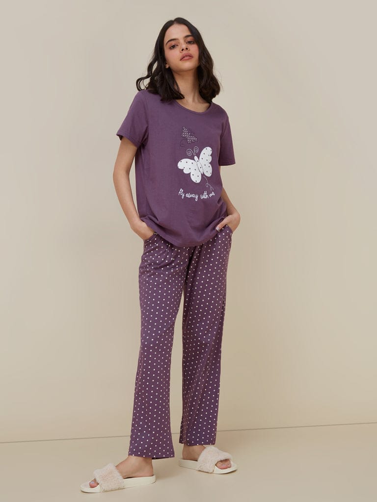 Purple Butterfly Printed  Night Suit