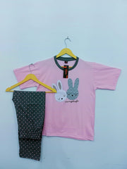 Pink Rabbit Printed  Night Suit