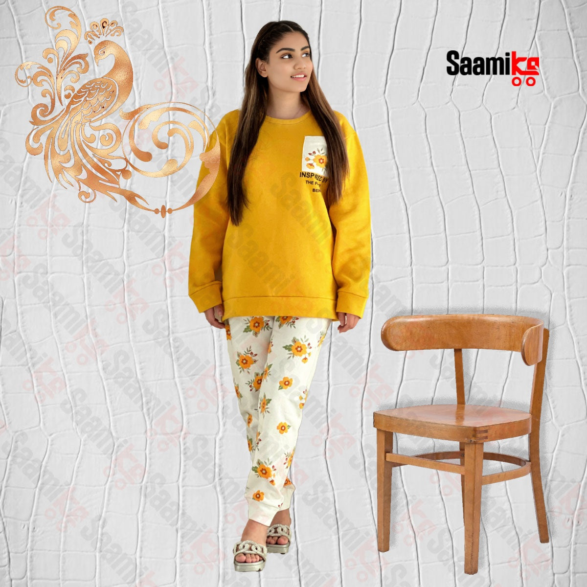 Women Winter Fleece Yellow Pocket Printed Night Suit