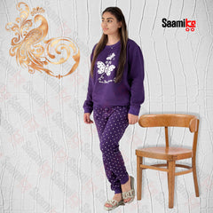 Women Winter Fleece Purple Butterfly Printed Night Suit