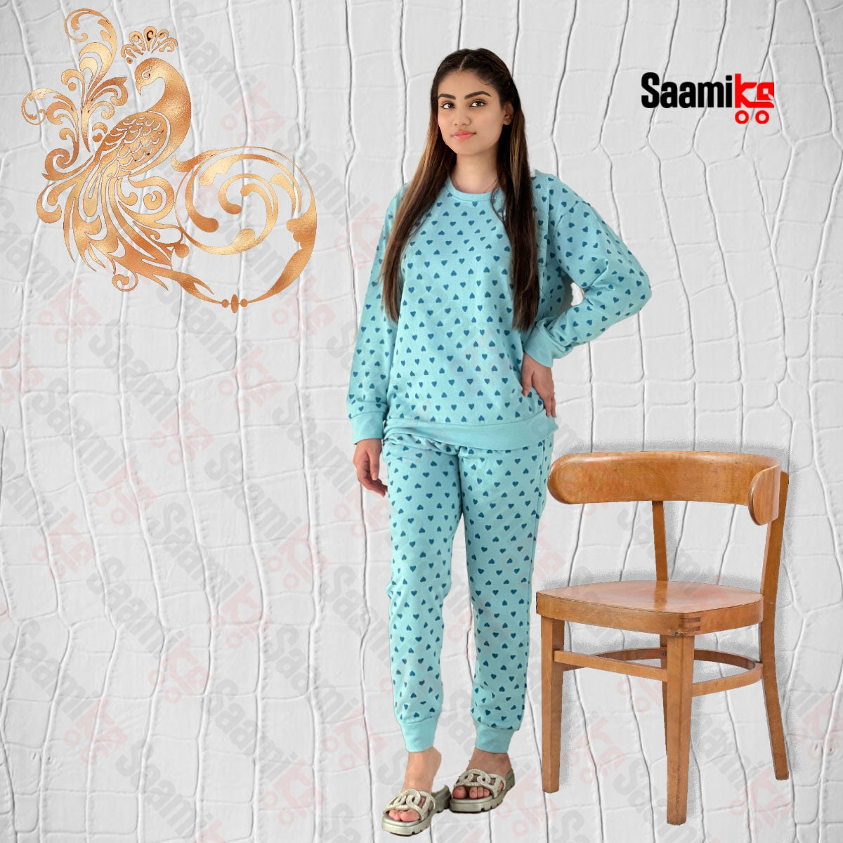 Women Winter Fleece Blue Multi Heart   Printed Night Suit