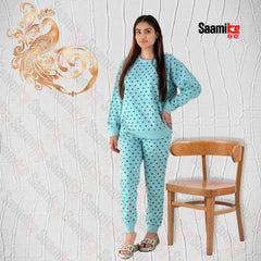 Women Winter Fleece Blue Multi Heart   Printed Night Suit