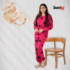 Women Winter Fleece Multi Heart Printed Night Suit