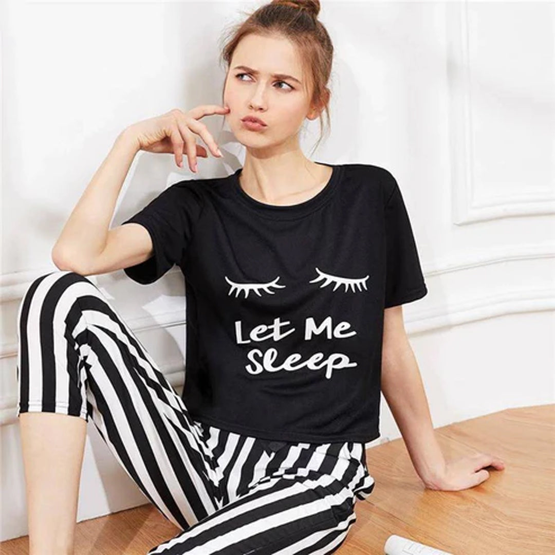 Black Let Me sleep Printed  Night Suit