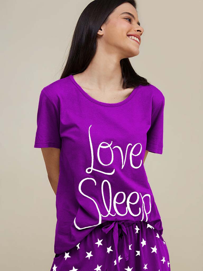 Purple Love Sleep Printed  Night Suit